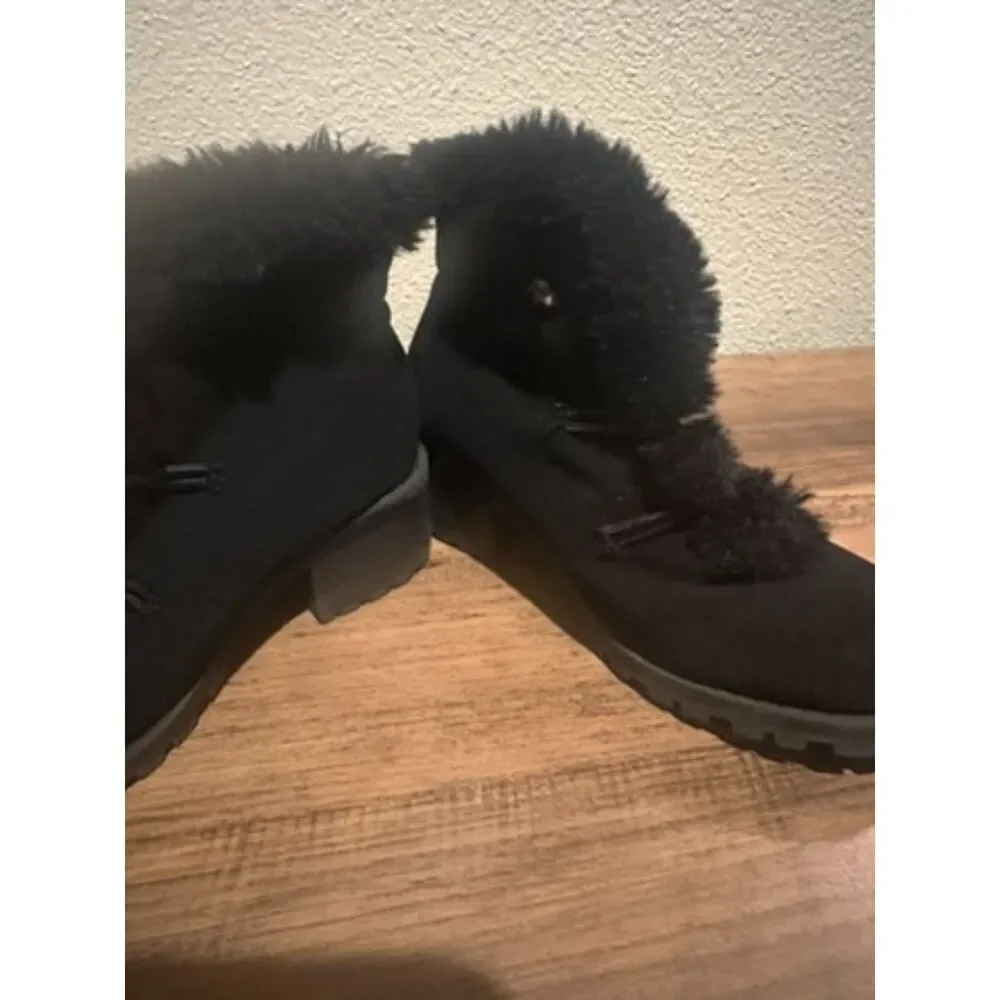 Annie Black Girl Heel Booties with Cute Button/Crystal with Faux Fur Size 11